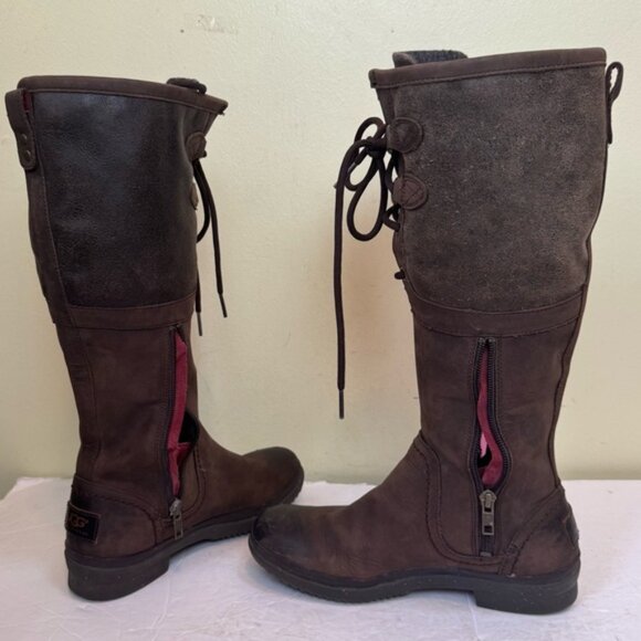 UGG ELSA Waterproof Tall Leather Suede Boots Zipper Laces Brown Winter Neutral 6 - Picture 7 of 16